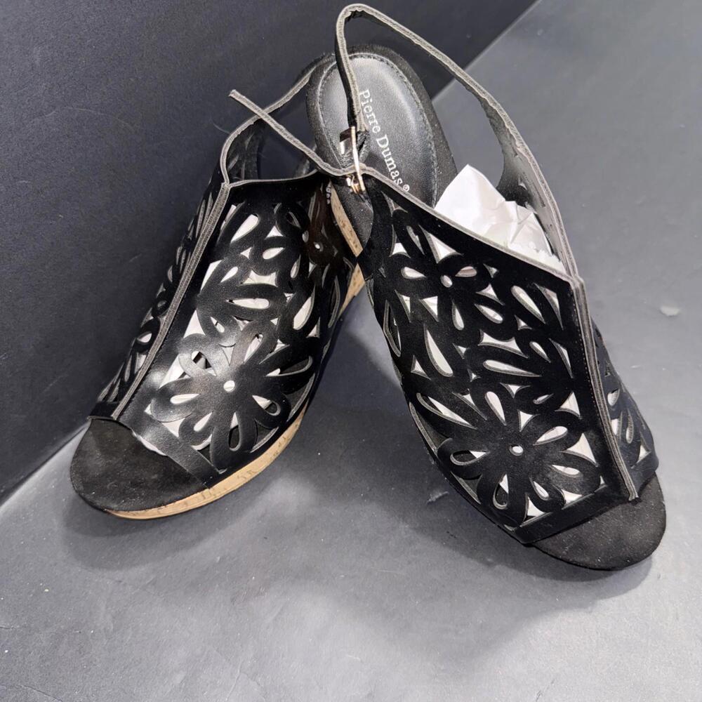 Pierre Dumas Black Tooled‎ Faux Leather Classic Chic Boho Wedge Sandal Platform